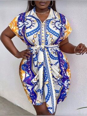 Pre-Loved Chain-Print Tie-Waist Shirt Dress in White, Blue & Yellows